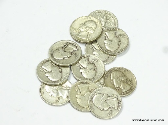 LOT OF 12 WASHINGTON QUARTERS WITH ASSORTED DATES. 90% SILVER. BAG HAS A TOTAL FACE VALUE OF $3.00