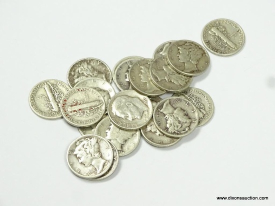 20 MERCURY DIMES WITH ASSORTED DATES. 90% SILVER. BAG HAS A TOTAL FACE VALUE OF $2.00