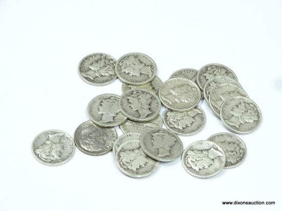 20 MERCURY DIMES WITH ASSORTED DATES. 90% SILVER. BAG HAS A TOTAL FACE VALUE OF $2.00