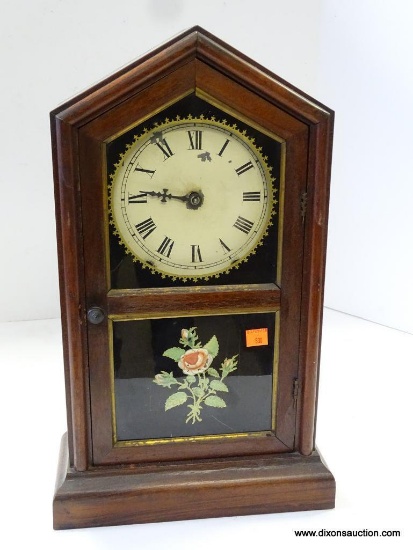 NEW HAVEN SHELF CLOCK WITH PAINTED ROSE GLASS8-DAY MOVEMENT WITH TIME AND STRIKE. MEASURES 17.5"T X