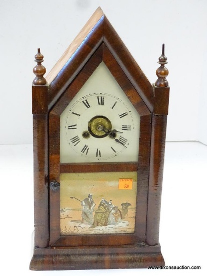 JEROME AND COMPANY STEEPLE CLOCK 30 HOUR TIME AND ALARM STRIKE CLOCK. PAPER LABEL ON THE BACK