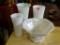 (R2) MIXED LOT OF MILK GLASS. INCLUDES A TALL HOBNAIL TRUMPET VASE, TALL RIBBED VASE, FOOTED CENTER