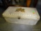 (R2) VINTAGE METAL BREAD BOX? WITH REAR VENT. IS FILED WITH COLLECTIBLE TOBACCO TINS. INCLUDES LUCKY