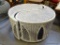 (R6) VINTAGE WHITE WICKER TABLE IN THE DESIGN OF YIN YANG. THIS TWO-PART TABLE CAN BE SEPARATED AND
