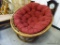 (R6) ROUND RATTAN PAPASAN CHAIR WITH RED CUSHION. MEASURES 46