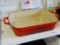 LE CREUSET RED RECTANGULAR TWO-HANDLED DISH. TOP QUALITY PRE-OWNED COOKWARE MAY HAVE CHIPS TO THE