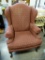 (R4) 1 OF A PAIR OF SHERRILL MAHOGANY QUEEN ANNE WING CHAIRS WITH ARM COVERS: 35