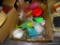 (TABLE) BOX LOT OF MISC..: REDSKINS BEER MUG. MULTI COLORED WATER GLASSES. FROMAGE CHEESE CONTAINER.