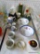 (TABLE) MISC. LOT: MARBLE CANDLE HOLDERS. 6 BAREUTHER WALDSASSEN BUTTER PATS WITH IMAGES OF MEDIEVAL