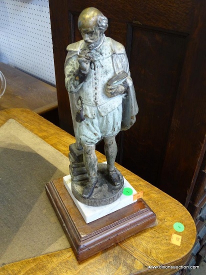 (R1) CAST METAL STATUE OF SHAKESPEARE ON MARBLE AND MAHOGANY STAND: 14.5" TALL. THIS PIECE WOULD BE