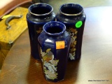 (R1) SET OF 3 COBALT BLUE VASES 2 WITH MATCHING ORIENTAL CRANE PAINTINGS AND 1 WITH AN ORIENTAL BIRD