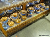 (R1) SHELF LOT OF PAINTED ORANGE AND BLUE CHINA LUNCHEON SET: 12 LUNCHEON PLATES. 10 CUPS. 10