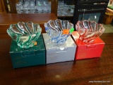 (R1) 3 MIKASA CRYSTAL VOTIVE HOLDERS. 1 IN COBALT BLUE, 1 IN PEPPERMINT GREEN, AND 1 IN RED: