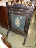 (R1) VICTORIAN EBONIZED NEEDLEPOINT FIREPLACE SCREEN / PANEL. SCREEN PIVOTS AND CAN BE USED TO
