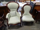(R1) BEAUTIFUL PAIR OF VICTORIAN HIS AND HERS PARLOR CHAIRS WITH MATCHING MINT GREEN SHELL PATTERN