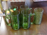 (R2) SET OF 4 EMERALD GREEN SMALL BEER MUGS AND A EMERALD GREEN TEA GLASS.