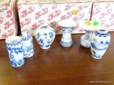 (R2) 6 PCS. OF BLUE AND WHITE MINI ORIENTAL VASES. TALLEST IS 4'' TALL