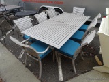 (O) ALUMINUM RECTANGULAR PATIO DINING TABLE WITH UMBRELLA HOLE & 8 MATCHING ALUMINUM CHAIRS, TWO ARM
