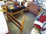 (R2) ANTIQUE ROPE BED CONVERTED TO ACCEPT A STANDARD MATTRESS. INCLUDES HEAD BOARD, FOOT BOARD, AND