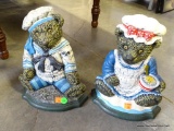 (R2) PAIR OF MR. AND MRS. TEDDY R. BEAR CAST IRON DOOR STOPS. RETAIL PRICE $30 EACH. 11.5'' TALL