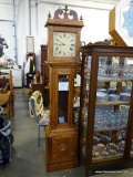 (R1) BEAUTIFUL OAK GRANDFATHER CLOCK. SPRING DRIVEN, WITH BRASS FINIALS AND DECORATION. CLOCK HAS