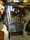 (R1) BLACK AND GOLD HITCHCOCK STYLE ROCKING CHAIR WITH STENCILED BACK. MEASURES 25