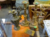 (R6) VINTAGE METAL WARE LOT THAT INCLUDES: A PAIR OF TALL ANTIQUE BRASS CANDLESTICKS, (11 IN TALL),
