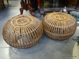 (R6) PAIR OF BROWN RATTAN SIDE TABLES THAT MEASURE 24 IN BY 13 IN. BOTH ARE IN GOOD CONDITION