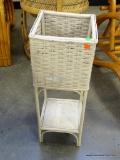 (R6) VINTAGE WHITE WICKER SQUARE PLANTER MEASURES 9.5 INCHES SQUARE BY 27 INCHES TALL