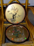 (R6). BEAUTIFUL PAIR OF ROUND JAPANESE SOAPSTONE CARVED WALL PLAQUES UNDER GLASS. THEY EACH MEASURE