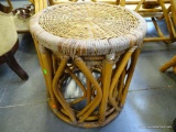 (R6) SET OF THREE VINTAGE RATTAN NESTING TABLES. THE LARGEST MEASURES 18IN BY 18IN THESE ARE HARD TO