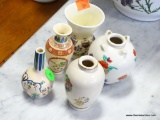 (R1) LOT OF 5 MINIATURE ORIENTAL VASES: 3 WITH PLANTS. 1 WITH ORIENTAL SCENE BY A RIVER. 1 WITH