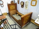 (R1) VERY NICE ANTIQUE VICTORIAN SINGLE SIZE BED WITH BURLED WALNUT INSET PANELS. HAS FOOTBOARD AND