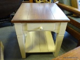 (R3) PAIR OF CREAM AND OAK TOP 1 DRAWER END TABLES: 23