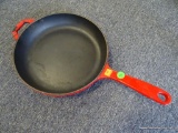 LARGE RED 10.75 IN FRYING PAN. ESTATE COOKWARE WITH CHIPS TO THE RED PAINT. SEE PICTURES FOR