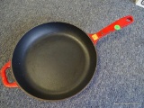 LARGE RED 10.75 IN FRYING PAN. ESTATE COOKWARE WITH CHIPS TO THE RED PAINT. SEE PICTURES FOR