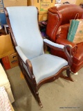 (R4) MAHOGANY SWAN ARMED BLUE UPHOLSTERED ARM CHAIR: 25