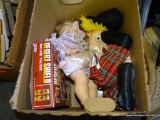 (TABLE) BOX LOT: SET OF DESERT SHIELD WALKIE TALKIE TOYS IN ORIGINAL BOX. BABY DOLL WITH MOVING