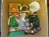 (TABLE) MISC. BOX LOT: BASKETS. PLANTERS. WIRE. FLORISTS FOAM STICKS AND HOLDERS. ETC.