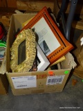 (TABLE) BOX LOT OF MISC. PICTURE FRAMES OF VARIOUS SHAPES, STYLES, AND SIZES.