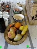 (TABLE) MISC. LOT: SILVER PLATE BOWL WITH COMPOSITION FRUIT. POTTERY BOWL SIGNED KOROND (HAS ABOUT 7