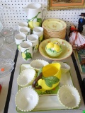 (TABLE) LOT OF LEMON RELATED ITEMS: LEMONADE SET (PITCHER AND 6 CUPS) PAINTED WITH LEMONS. LIDDED