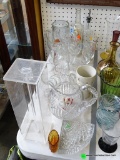 (TABLE) LOT OF MISC. GLASSWARE: RED WINE GLASSES. SAMOBOR LEAD CRYSTAL PAPER WEIGHT. PAINTED WINE