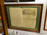 (BW) FRAMED NEWSPAPER ARTICLE FROM 1885 FROM THE CAPE ARGUS. IN MAHOGANY FRAME: 30