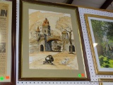 (BW) FRAMED AND MATTED WATERCOLOR OF A MEDIEVAL STONE TOWER ENTRANCE BRIDGE. IN OAK FRAME: 20