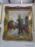 (BW) FRAMED OIL ON CANVAS OF A STREET SCENE. IS SIGNED BUT ILLEGIBLE. IN GOLD GILT FRAME: 21