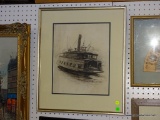 (BW) FRAMED AND DOUBLE MATTED CHARCOAL? PRINT OF A STEAMBOAT IN GOLD TONE FRAME: 18.5