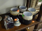 (R6) MISC. LOT: 4 SIGNED ART POTTERY MUGS. 1 PERFUME ATOMIZER. POTTERY BELL