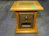 (R1) VINTAGE OAK CASED COIN SAFE WITH COMBINATION: 6.5