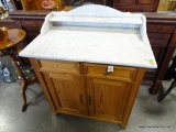 (R1) PINE WASH STAND WITH MARBLE TOP AND BACKSPLASH. CIRCA 1830-1850: 30.75